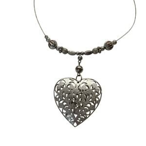 Silver Tone Large Filigree Heart Necklace Choker Jewelry Wire Chain Beaded